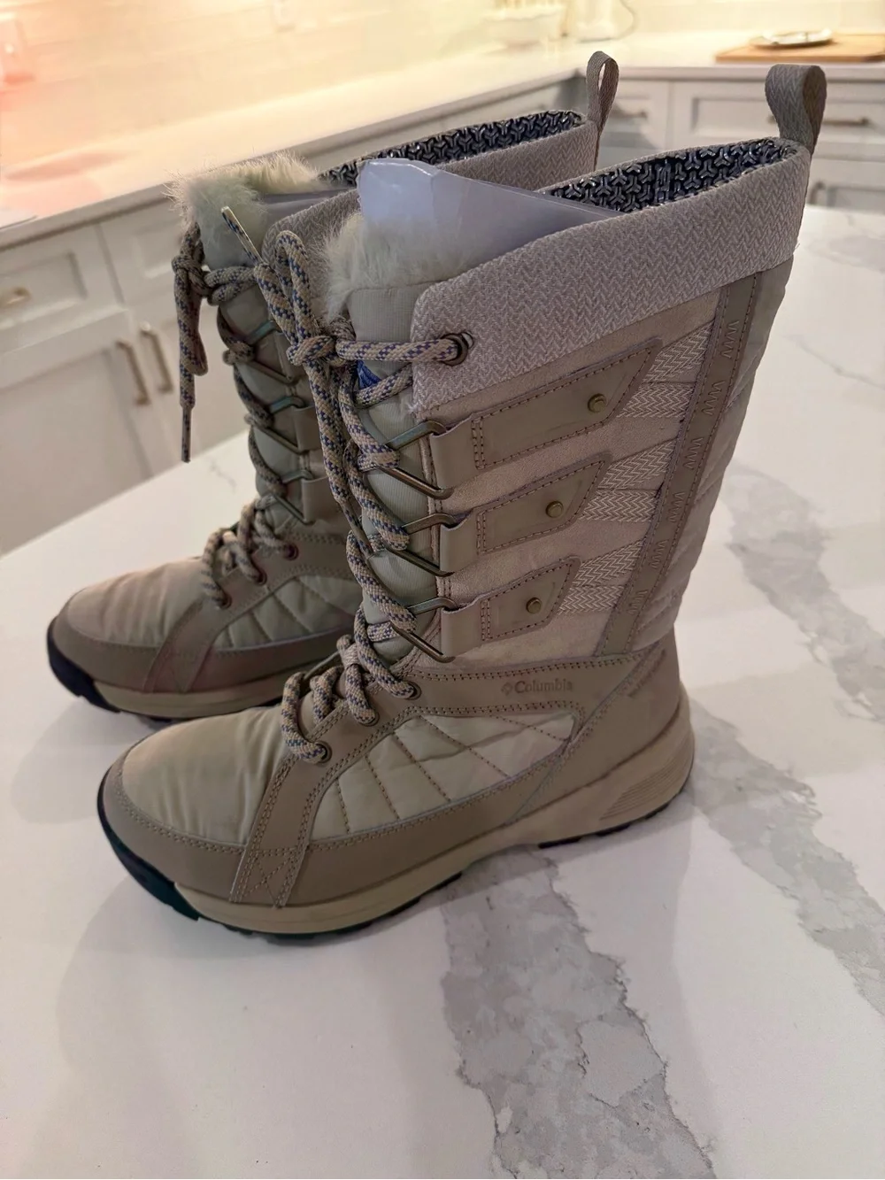 Columbia Women’s Tall Lace-Up Winter Boots in Beige and Tan